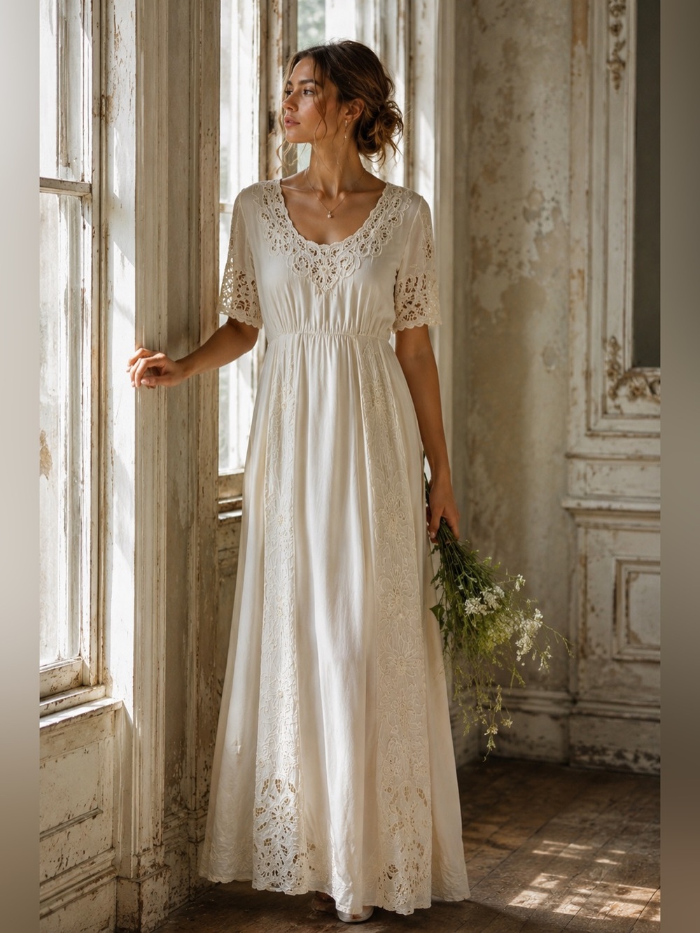 Hibis Ivory Lace Works Bohemian Maxi Dress | Pearl Embellished Lace | XL